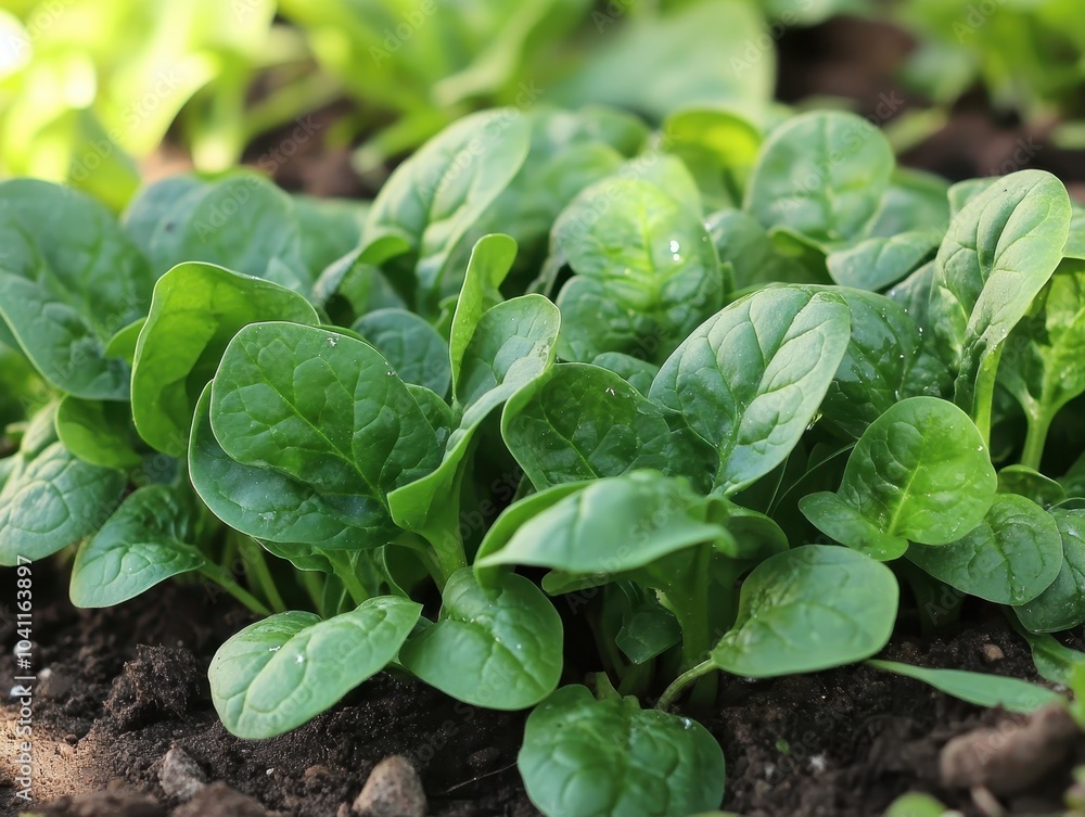 Lush Green Spinach Plants Growing in Soil Lush Green Spinach Plants Growing in Soil