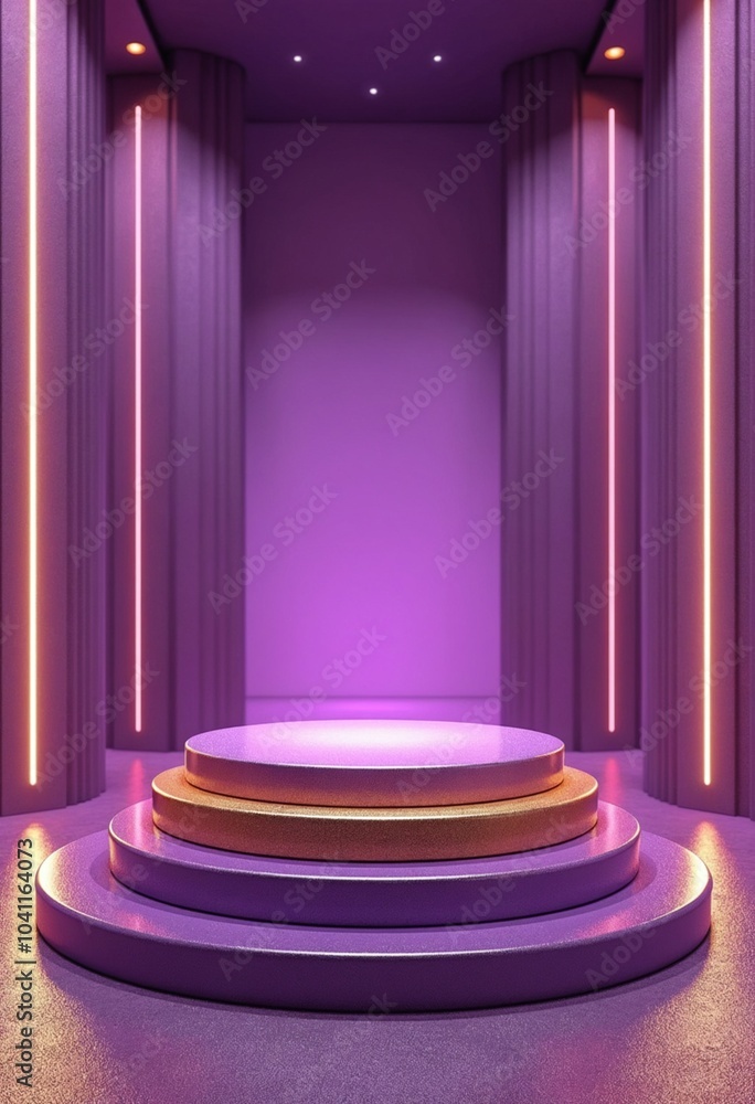 Abstract purple podium with gold metallic textures, suspended in a futuristic setting with reflective surfaces, luxury branding concept Abstract purple podium with gold metallic textures, suspended in a futuristic setting with reflective surfaces, luxury branding concept