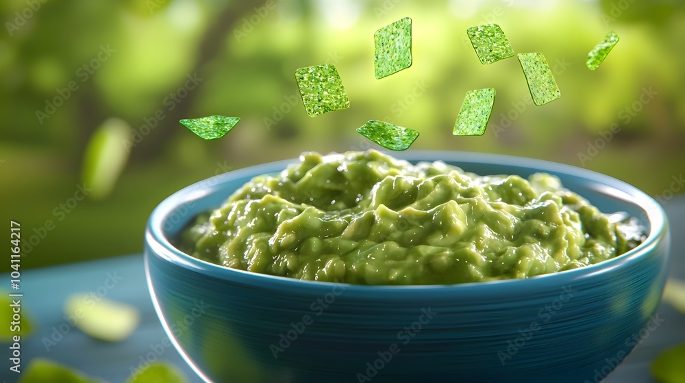 Captivating image showcasing a bowl of luscious guacamole dip with holographic levitating chips suspended above creating a futuristic and visually striking culinary display on a modern table setting Captivating image showcasing a bowl of luscious guacamole dip with holographic levitating chips suspended above creating a futuristic and visually striking culinary display on a modern table setting