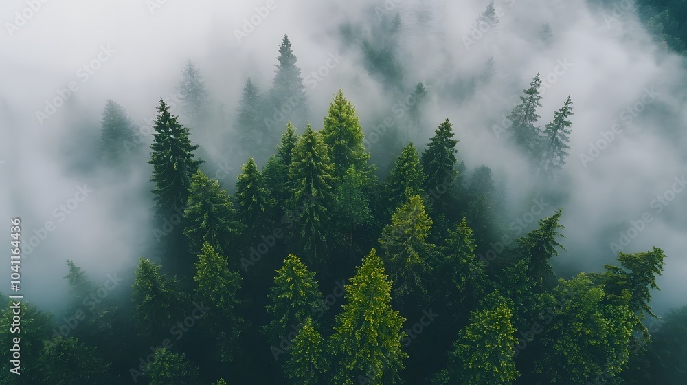 aerial view of a misty forest landscape with dense green trees and foggy clouds aerial view of a misty forest landscape with dense green trees and foggy clouds