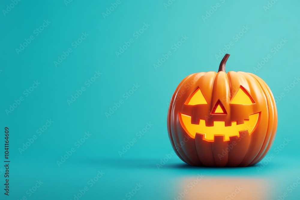 Spooky carved pumpkin on blue background with space for text - Halloween party decoration. Spooky carved pumpkin on blue background with space for text - Halloween party decoration.