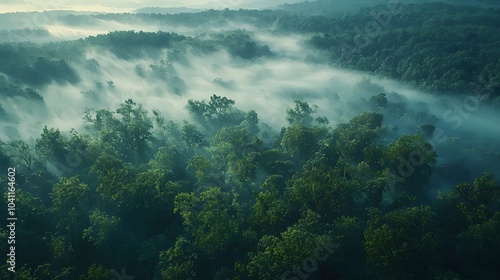 aerial view of a misty forest landscape with dense green trees and foggy clouds