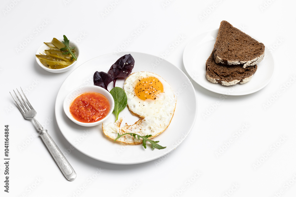 Fried egg on the plate, pickled cucumbers and bread, Fried egg on the plate, pickled cucumbers and bread,
