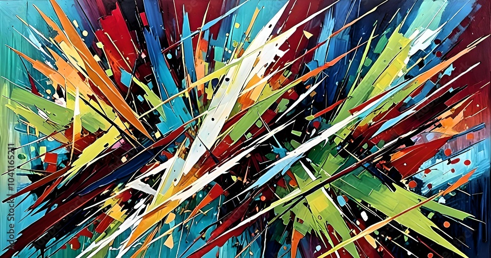 Vibrant Abstract Painting with Chaotic Color Splashes and Geometric Shapes