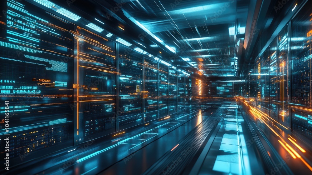 Obraz premium Cyberpunk Digital City: Futuristic Neon Lights and Data Streams