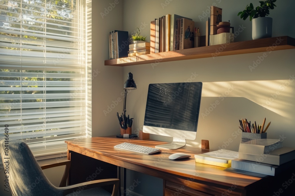 Modern Home Office Desk with a Window View Modern Home Office Desk with a Window View