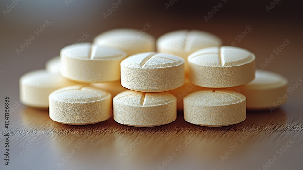A close-up of yellow round tablets stacked neatly on a wooden surface, showcasing their smooth texture in natural light