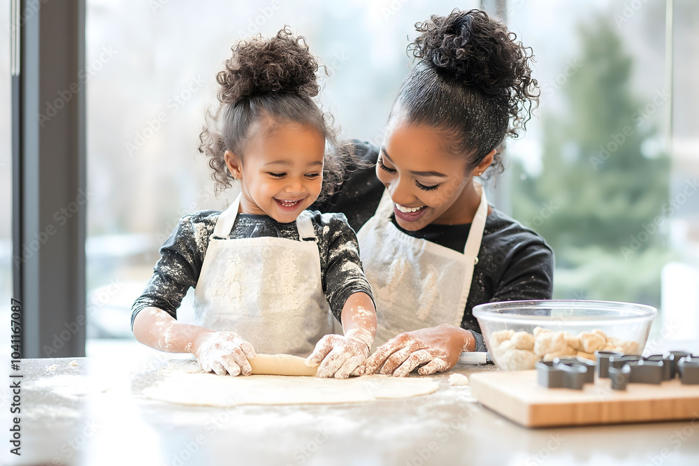 Happy mother and daughter making cookies together, laughing and covered in flour Happy mother and daughter making cookies together, laughing and covered in flour