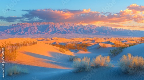 Serene desert landscape at sunset with colorful sky and dunes.