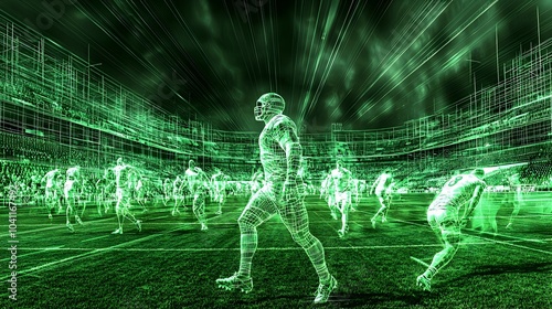 A photograph of a modern rugby stadium with holographic players glowing and projecting on the playing field creating a captivating and technologically advanced sporting event experience