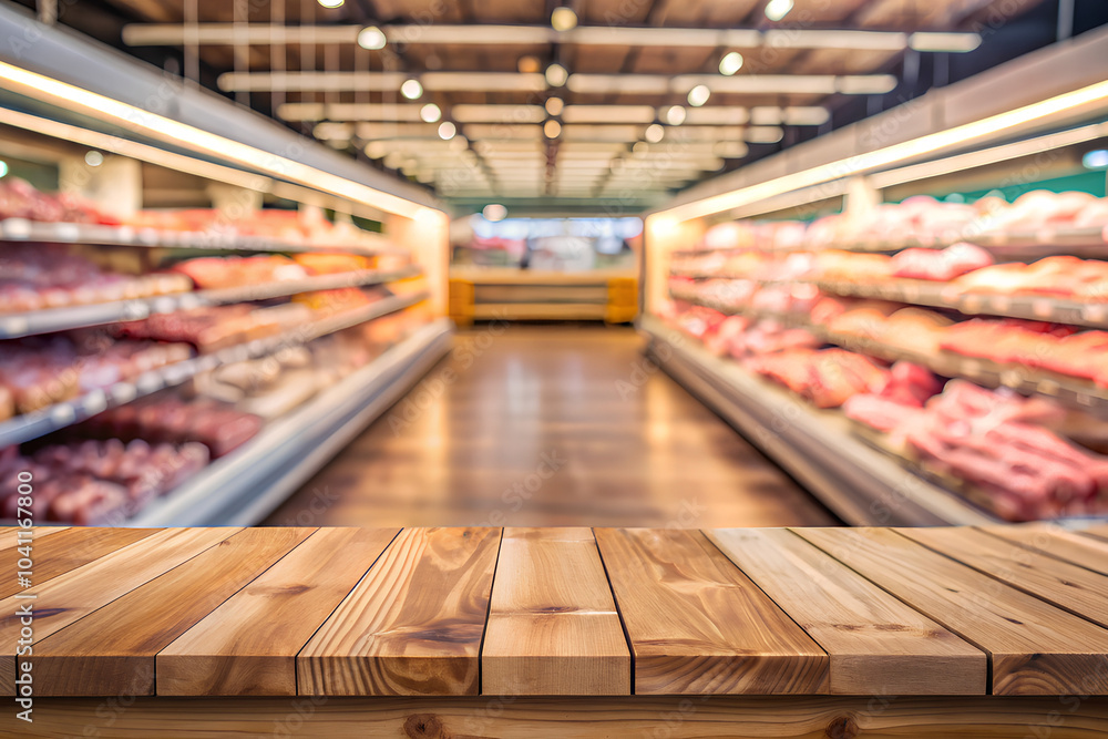 Fototapeta premium Empty table top with blurred meats shelf in supermarket background
