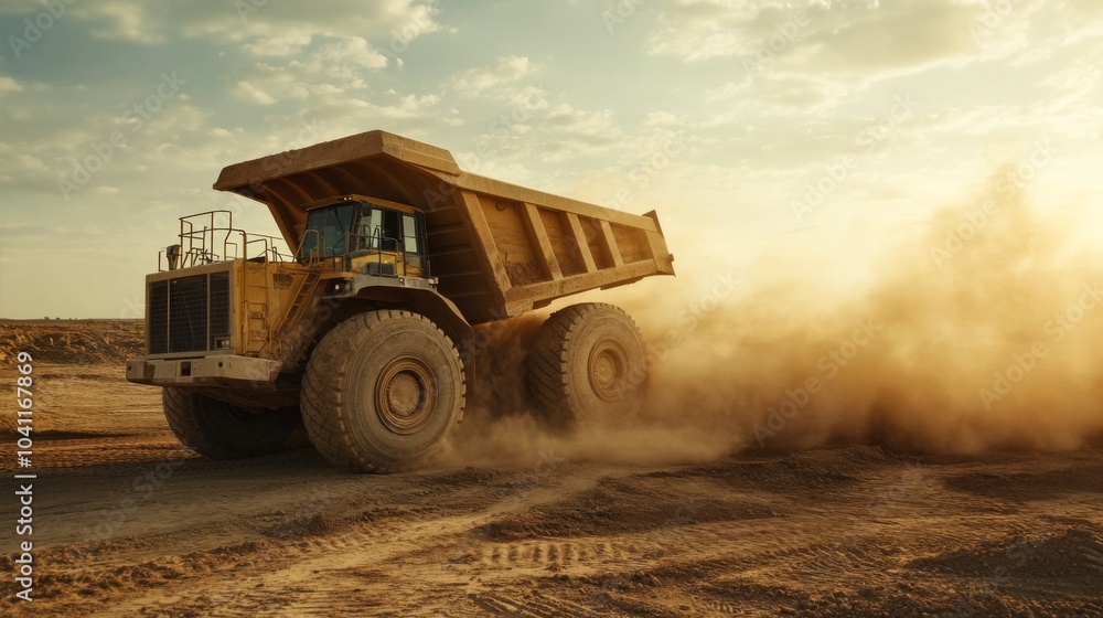Obraz premium Large Yellow Dump Truck Kicking Up Dust on a Construction Site