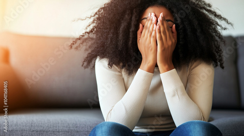 Young black woman in bright room covering face with hands expressing embarrassment, shyness, timidity