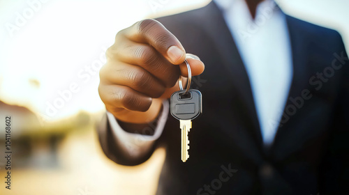 A joyful man holds keys to his new home, symbolizing achievement and happiness.