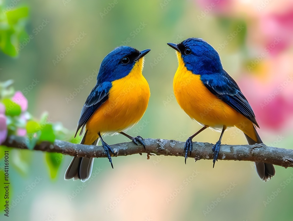 Fototapeta premium A Pair of Vibrant Birds Perching Together on a Branch Symbolizing the Simplicity and Purity of Love in Nature