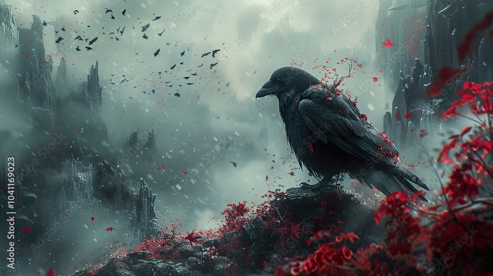 Fototapeta premium Raven Perched on a Misty Mountaintop - Fantasy Landscape