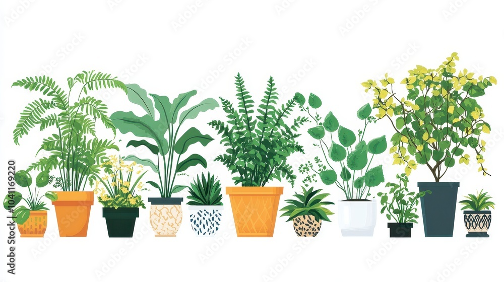 Fototapeta premium A Row of Potted Plants with Varying Foliage and Colorful Pots
