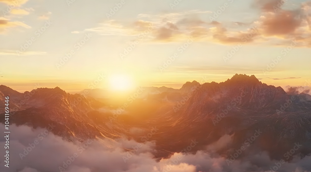 Obraz premium beautiful sunrise over mountains with misty clouds in the background