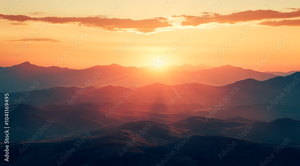 Obraz premium beautiful sunrise over mountains with misty clouds in the background