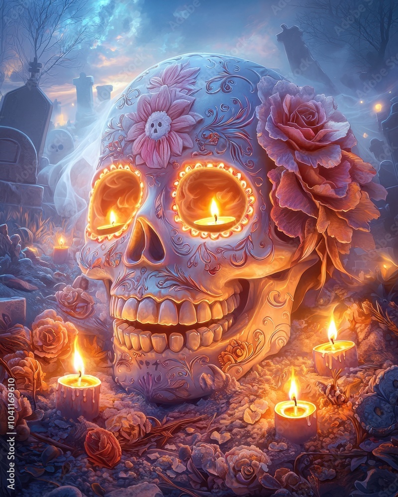 Sugar skull and candles concept in a graveyard. A beautifully decorated skull surrounded by candles and flowers embodying a mystical and serene atmosphere Sugar skull and candles concept in a graveyard. A beautifully decorated skull surrounded by candles and flowers embodying a mystical and serene atmosphere