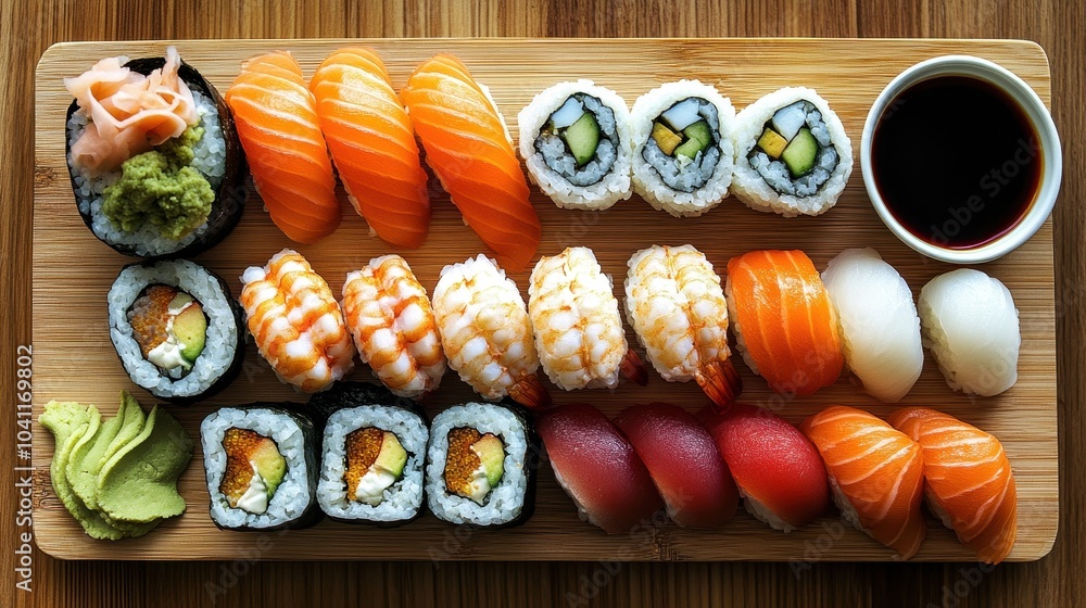 Assorted Sushi Rolls and Nigiri on a Wooden Platter Assorted Sushi Rolls and Nigiri on a Wooden Platter