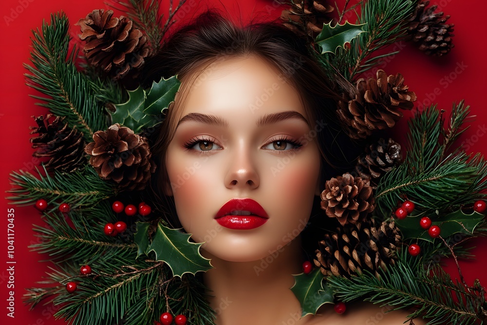 beautiful woman with red lips, surrounded by pine cones, holly berries, and leaves, against a red background beautiful woman with red lips, surrounded by pine cones, holly berries, and leaves, against a red background