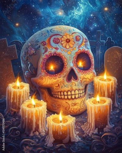 A colorful decorative skull surrounded by flickering candles set against a cosmic backdrop evoking themes of spirituality and remembrance