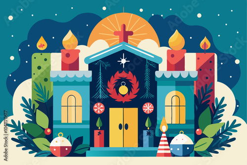 Festive church christmas illustration for holiday greeting cards and posters