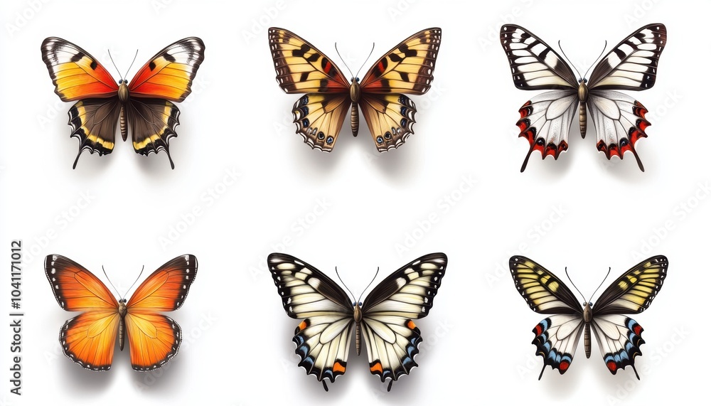 Six Colorful Butterflies with Open Wings on a White Background Six Colorful Butterflies with Open Wings on a White Background