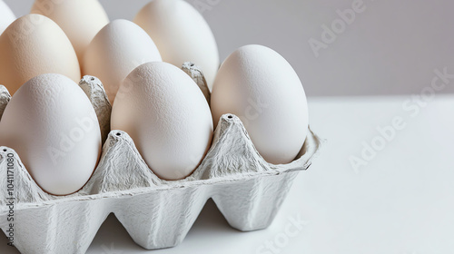 Isolated carton of white eggs on a white surface, simple and sleek design perfect for eco-friendly or farm-to-table stock imagery photo