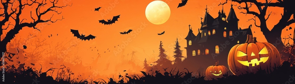 Haunted Mansion with Jack-o'-Lanterns under a Full Moon Haunted Mansion with Jack-o'-Lanterns under a Full Moon