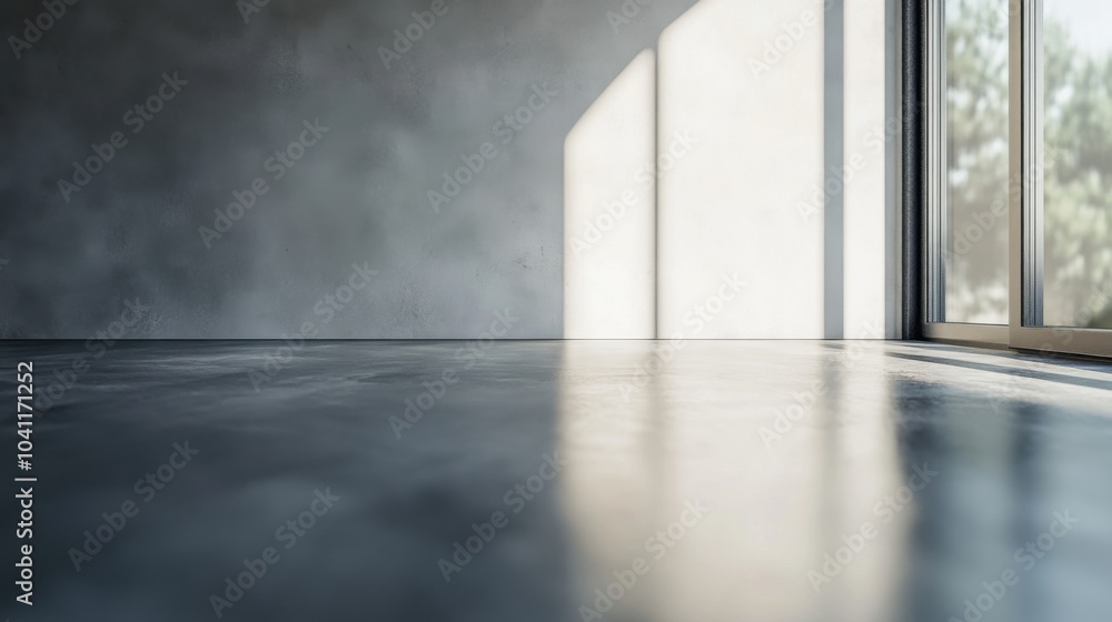 Minimalist interior design with polished concrete floor, grey wall and sun light Minimalist interior design with polished concrete floor, grey wall and sun light