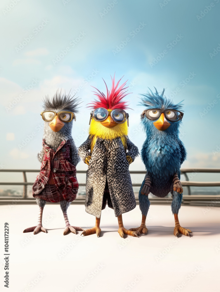 Drei stylische Vögel mit Irokesenfrisuren und Brillen in Mänteln, Three stylish birds with mohawk hairstyles and glasses in coats Drei stylische Vögel mit Irokesenfrisuren und Brillen in Mänteln, Three stylish birds with mohawk hairstyles and glasses in coats