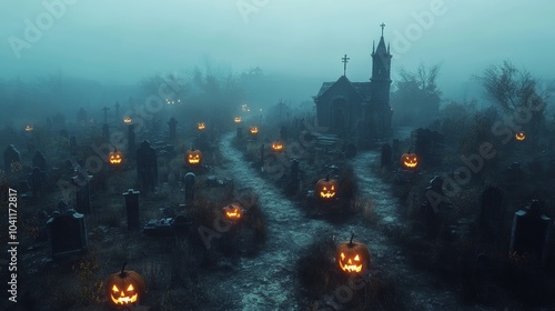 Spooky Graveyard at Night with Glowing Pumpkins