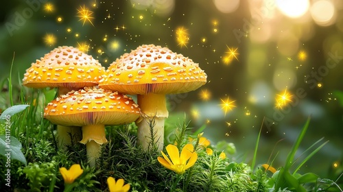 Golden Ramaria mushrooms in enchanted forest photo