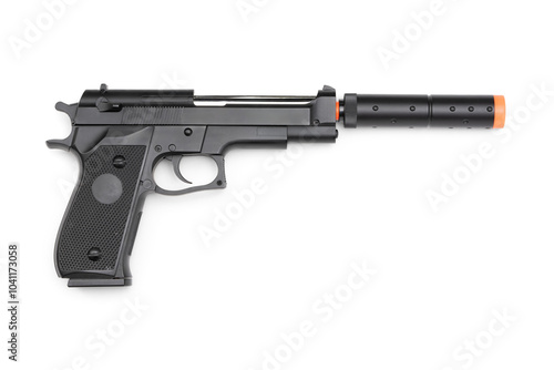 Airsoft Spring Pistol with Mock Suppressor Silencer Isolated on transparent background with transparent shadow