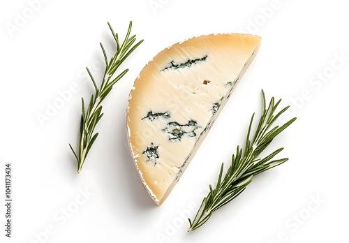 Blue cheese slice with rosemary on a white background