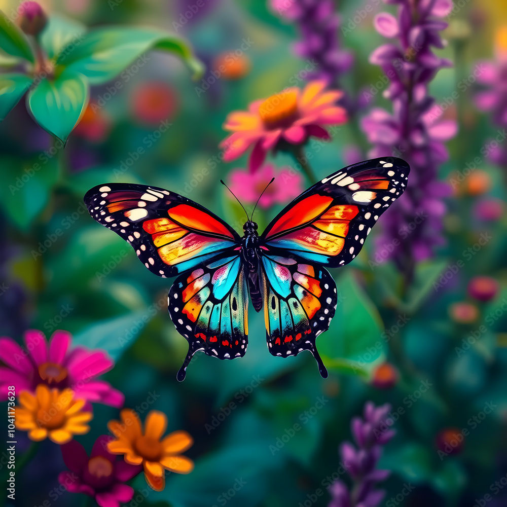 Fototapeta premium Butterfly flying over vibrant natures colorful patterns