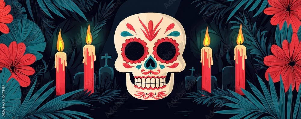 Sugar skull and candles concept in a graveyard. A vibrant sugar skull surrounded by tropical flowers and candles symbolizing Día de los Muertos Sugar skull and candles concept in a graveyard. A vibrant sugar skull surrounded by tropical flowers and candles symbolizing Día de los Muertos