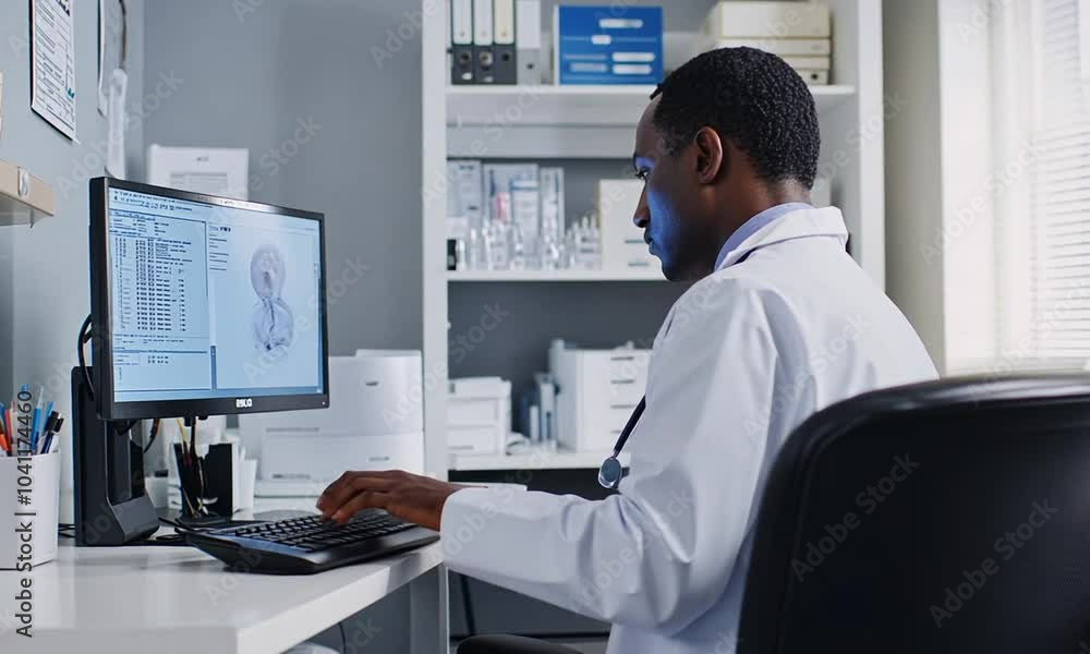 Doctor reviewing patient's medical data on a computer Doctor reviewing patient's medical data on a computer