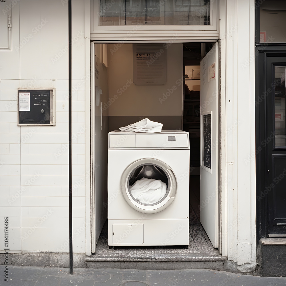 Storefront of a Classic Laundry Shop with an Open White Washing Machine Storefront of a Classic Laundry Shop with an Open White Washing Machine