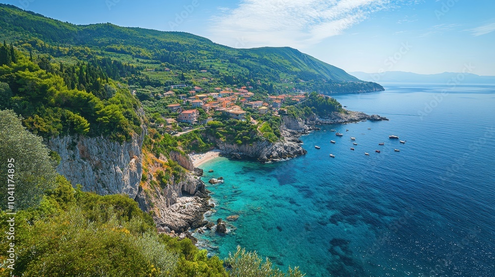 Fototapeta premium Coastal Town Nestled Between Green Cliffs