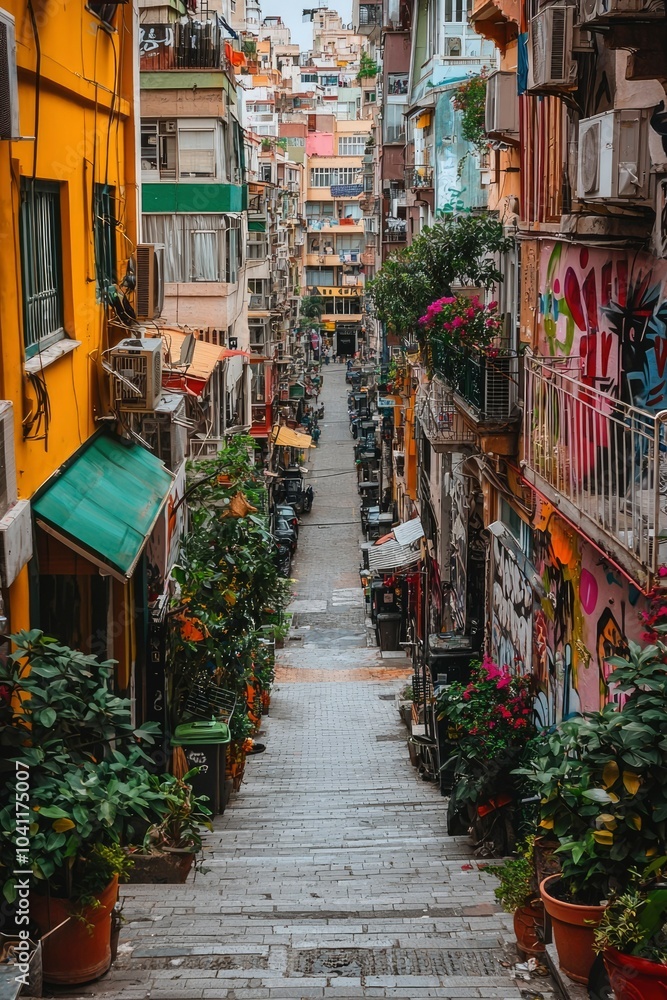 Fototapeta premium Narrow Street With Colorful Buildings and Graffiti