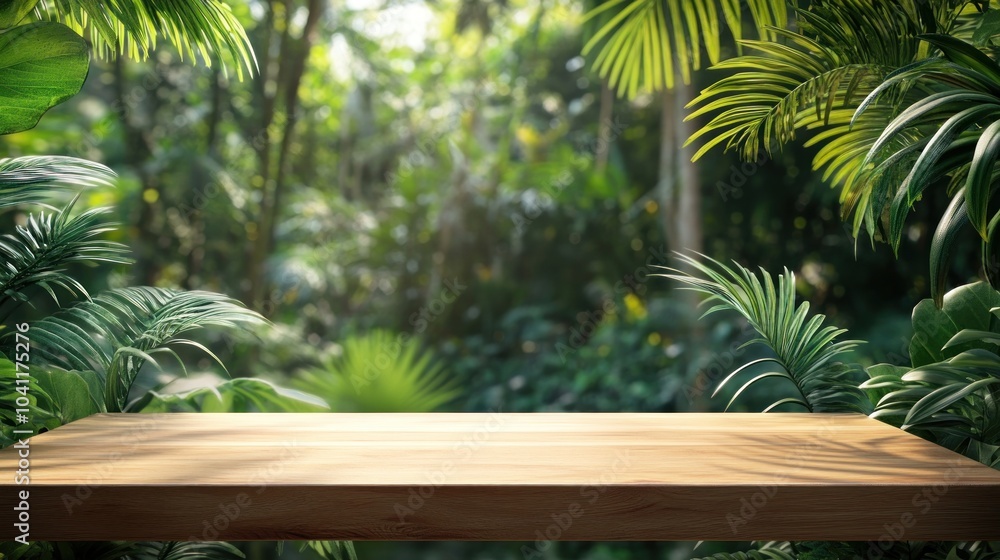 Wooden Tabletop with Tropical Foliage Background Wooden Tabletop with Tropical Foliage Background