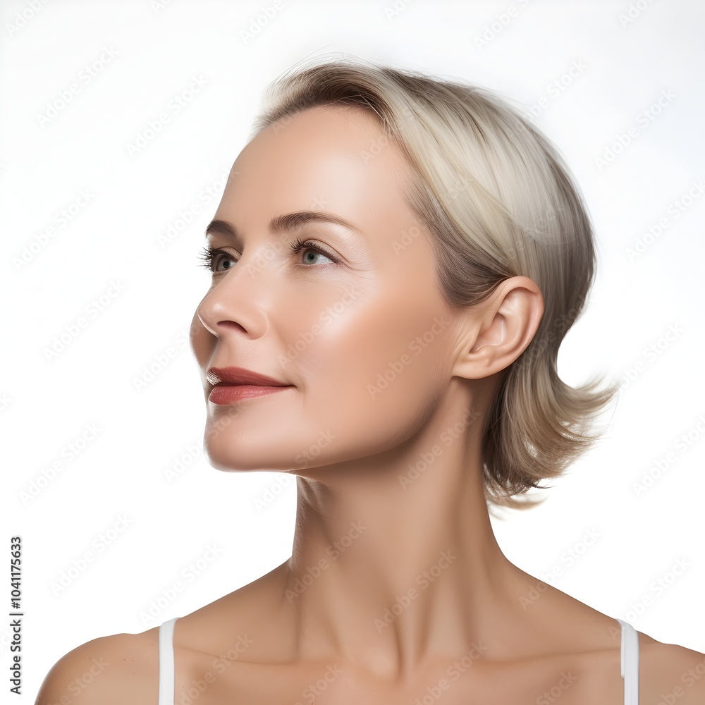 Elegant Mature Woman with Serene Beauty Gazing to the Side on White Background Elegant Mature Woman with Serene Beauty Gazing to the Side on White Background