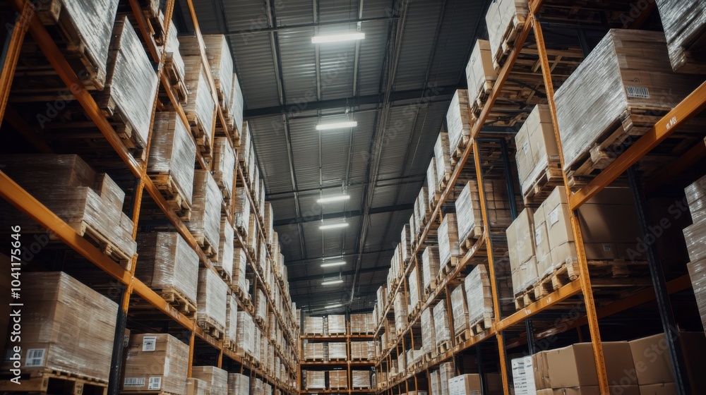 A modern warehouse brimming with pallets and crates neatly arranged on high shelves, Symbolizing the backbone of supply chain management, photography style A modern warehouse brimming with pallets and crates neatly arranged on high shelves, Symbolizing the backbone of supply chain management, photography style