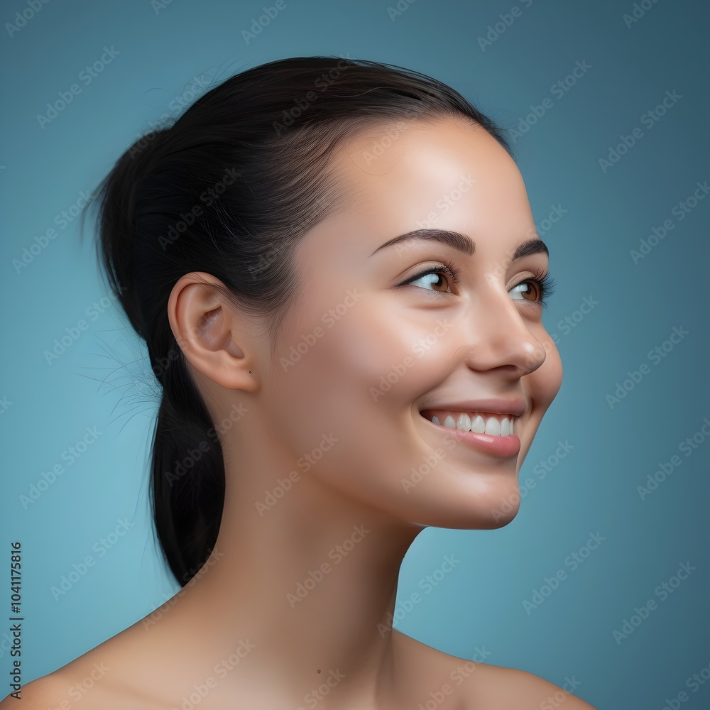 Youthful and Radiant Female Face with Flawless Skin and Cheerful Smile on Blue Background Youthful and Radiant Female Face with Flawless Skin and Cheerful Smile on Blue Background