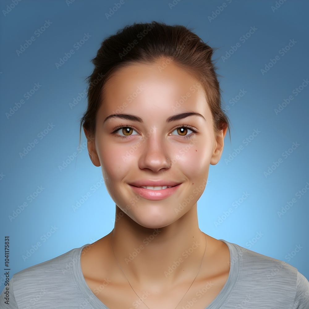 Smiling Young Woman With Facial Features on Blue Background Smiling Young Woman With Facial Features on Blue Background