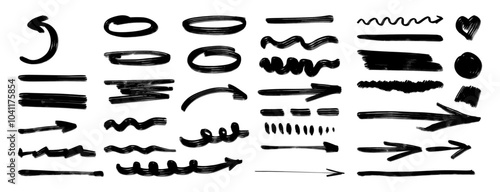 A collection of black and white lines and shapes, including arrows, circles, and hearts. Concept of creativity and artistic expression, as the various shapes and lines are used to create a unique