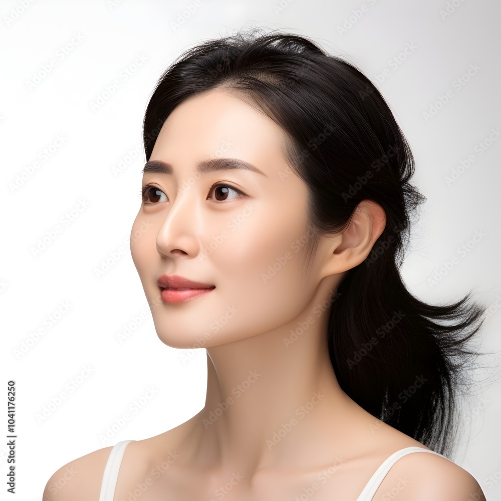 Elegant Asian Woman in Her 40s with Flawless Skin Looks to the Side on White Background Elegant Asian Woman in Her 40s with Flawless Skin Looks to the Side on White Background